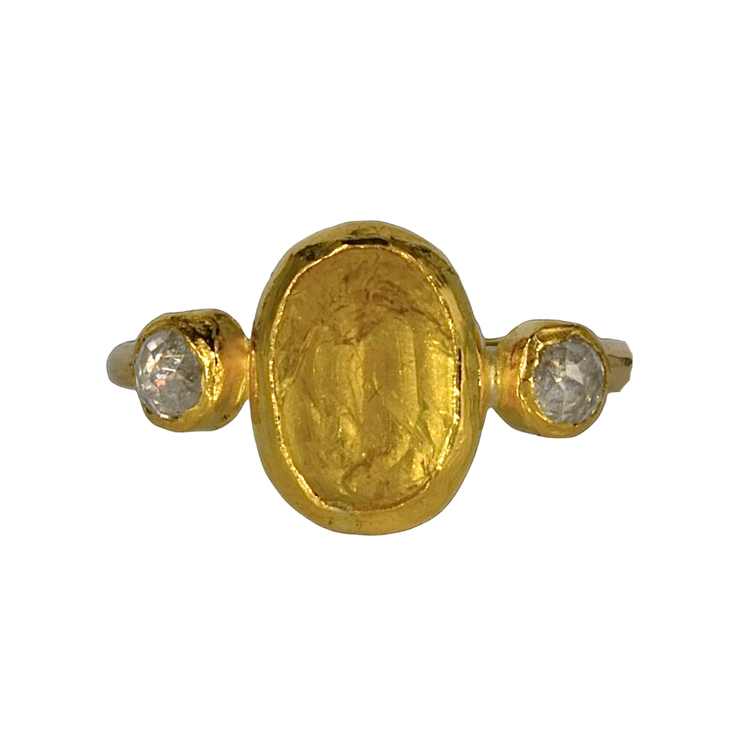 Gouden ring met een gele saffier en 2 witte roosdiamanten
