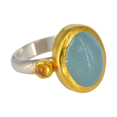 Ring aquamarijn en 2 oranje saffieren